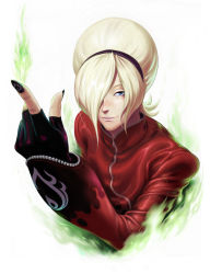 Rule 34 | 1boy, androgynous, ash crimson, black nails, blonde hair, blue eyes, fingerless gloves, fingernails, fire, freckles, gloves, green fire, hair over one eye, hairband, highres, long fingernails, male focus, md5 mismatch, nail art, nail polish, pyrokinesis, resolution mismatch, sakkan, snk, solo, source larger, the king of fighters, trap, upper body, zipper