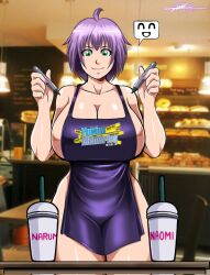 Rule 34 | 1girl, apron, breasts, cleavage, green eyes, highres, large breasts, legs, naked apron, original, purple hair, short hair, smile, solo, thick thighs, thighs, yukino akaihi