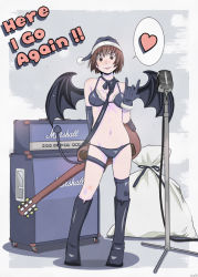 Rule 34 | 1girl, amplifier, ayase fuuka, bikini, black thighhighs, blush, boots, breasts, brown eyes, brown hair, christmas, cleavage, demon tail, demon wings, electric guitar, full body, gibson les paul, gloves, guitar, hat, heart, instrument, m/, marshall, microphone, microphone stand, navel, niea, ribbon, santa hat, short hair, single thighhigh, solo, spoken heart, swimsuit, tail, thighhighs, wings, yotsubato!