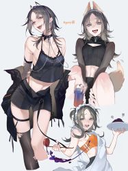 Rule 34 | 1girl, absurdres, animal ears, apron, bad food, black camisole, black collar, black jacket, black shorts, blue eyes, breasts, brown hair, camisole, chain, cleavage cutout, clothing cutout, collar, cup, dog ears, dog girl, dog tail, genderswap, genderswap (mtf), highres, holding, holding cup, holding ladle, holding plate, jacket, ladle, leaning forward, medium breasts, mitori (nana7 77777), multiple views, mysta rias, nijisanji, nijisanji en, off shoulder, orange sports bra, parted bangs, plate, shorts, smile, sports bra, tail, two side up, virtual youtuber, white apron, white background