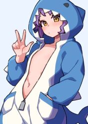 Rule 34 | 1girl, animal costume, animal hood, blush, commentary request, cowboy shot, fins, fish tail, flat chest, hand in pocket, hand up, hood, idolmaster, idolmaster million live!, kwaejina, blue background, long sleeves, looking at viewer, makabe mizuki, navel, open clothes, purple hair, serious, shark costume, shark hood, shark tail, short hair, sidelocks, solo, stomach, tail, v, wavy hair, yellow eyes, zipper pull tab