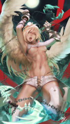 Rule 34 | 1girl, 21yc (september breeze), abs, angel, armpits, blonde hair, boots, breasts, chain, gauntlets, gloves, hat, highres, lipstick, long hair, mabinogi, mabinogi heroes, makeup, medium breasts, moon, muscular, navel, night, open mouth, red eyes, short shorts, shorts, solo, teeth, thigh boots, thighhighs, underboob, vella (mabinogi), weapon, wings