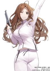 Rule 34 | 1girl, ;), absurdres, ahoge, arm up, blush, bouncing breasts, breasts, brown eyes, brown hair, closed mouth, commentary request, cowboy shot, gun, highres, holding, holding gun, holding weapon, jacket, korean commentary, korean text, long hair, long sleeves, medium breasts, one eye closed, original, pants, simple background, smile, solo, star741, track jacket, track pants, translation request, trigger discipline, v-shaped eyebrows, very long hair, weapon, white background, white jacket, white pants, zipper