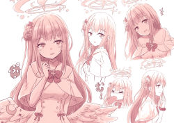 Rule 34 | &gt; &lt;, 1girl, :o, angel wings, blue archive, blush, bow, bowtie, cake, capelet, crescent, dress, feathered wings, finger to cheek, flower, food, food in mouth, hair bun, hair flower, hair ornament, halo, hand up, inui nagi, long hair, looking at viewer, low wings, mika (blue archive), monochrome, multiple views, open mouth, ribbon, sailor collar, scrunchie, side bun, simple background, single side bun, sketch, star (symbol), swiss roll, tearing up, white background, wings, wrist scrunchie