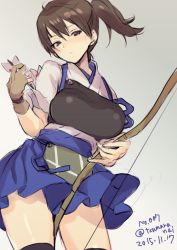 Rule 34 | 10s, 1girl, black thighhighs, bow (weapon), brown hair, dated, gradient background, head tilt, holding, holding bow (weapon), holding weapon, japanese clothes, kaga (kancolle), kantai collection, muneate, natsuhiko, pleated skirt, side ponytail, skirt, solo, standing, thighhighs, weapon