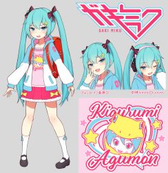 Rule 34 | aged down, backpack, bag, black footwear, blue eyes, blue hair, bow, fang, frilled shirt, frills, grey background, hair bow, hair ornament, hairclip, hatsune miku, headphones, hood, hooded jacket, jacket, komashiro n, one eye closed, open mouth, pigeon-toed, pink shirt, pink skirt, print shirt, randoseru, shirt, shoes, simple background, skirt, socks, standing, striped, striped bow, tsurime, twintails, vocaloid