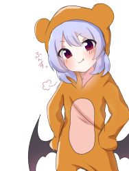 Rule 34 | &gt;:), 1girl, animal costume, animal ears, animal hood, bat wings, bear costume, bear ears, bear hood, black wings, blush, closed mouth, commentary request, eringi (rmrafrn), fake animal ears, fang, fang out, hair between eyes, hands on own hips, head tilt, hood, hood up, low wings, purple hair, red eyes, remilia scarlet, simple background, smile, smug, solo, touhou, translation request, v-shaped eyebrows, white background, wings