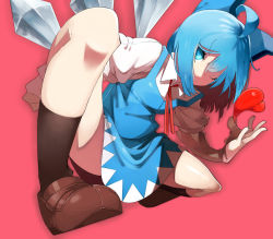Rule 34 | 1girl, ahoge, blue dress, blue eyes, blue hair, bow, cirno, commentary, dress, hair bow, hair over one eye, heart, highres, ice, ice wings, looking at viewer, matching hair/eyes, pink background, puffy short sleeves, puffy sleeves, shirt, short sleeves, sofa (enogunomu), solo, spread legs, squatting, touhou, wings