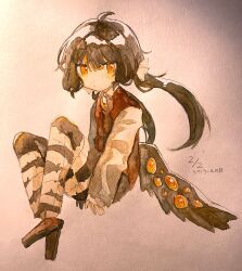 Rule 34 | 1girl, absurdres, bandaged leg, bandages, black hair, black pants, black wings, blush, bow, brown footwear, e.g.o (project moon), em3ang, employee (project moon), graphite (medium), hair bow, highres, lobotomy corporation, long hair, long sleeves, low twintails, low wings, painting (medium), pants, project moon, red sweater vest, shirt, shoes, sidelocks, single wing, solo, sweater vest, traditional media, twintails, twintails day, very long hair, watercolor (medium), white bow, white shirt, wings, yellow eyes