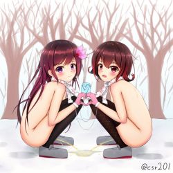 Rule 34 | 2girls, asymmetrical gloves, black legwear, blue gloves, blush, brown hair, crossing streams, csr201, flower hair ornament, gloves, grey footwear, heart, heart hands, holding hands, long hair, looking at viewer, mismatched gloves, multiple girls, nude, open mouth, peeing, peeing together, pink gloves, puddle, purple eyes, red eyes, scarf, shoes, short hair, siblings, sisters, smile, snow, squatting, thighhighs, tree, twins, white scarf