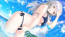 Rule 34 | 1girl, beads, bikini, blush, bow, bow bikini, braid, breasts, cloud, curvy, day, game cg, grey eyes, grey hair, hair beads, hair ornament, hand on own head, hand up, highres, large breasts, lips, long hair, looking at viewer, love clear, misumi ritsu, navel, nironiro, ocean, open mouth, sky, smile, solo, swimsuit, water, wet