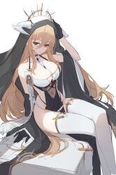 Rule 34 | 1girl, absurdres, arm up, azur lane, bare shoulders, between breasts, black gloves, blonde hair, breasts, cleavage, covered navel, crossed legs, gloves, gold trim, highres, horns, implacable (azur lane), lance (lancelliu), large breasts, long hair, looking at viewer, no panties, off shoulder, pelvic curtain, red eyes, revealing clothes, sideless outfit, sitting, solo, thighhighs, thighs, veil, very long hair, white thighhighs