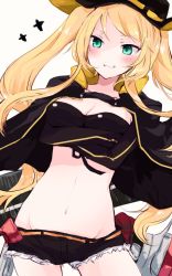 Rule 34 | 1girl, azur lane, bikini, bikini top only, black bikini, black coat, black gloves, black shorts, blonde hair, blush, breasts, cleavage, coat, cowboy hat, cowboy shot, crossed arms, elbow gloves, flight deck, floating hair, front-tie top, gloves, green eyes, grin, hat, hornet (azur lane), long hair, looking at viewer, looking down, navel, open clothes, open coat, rigging, short shorts, shorts, smile, solo, sotsunaku, swimsuit, twintails, very long hair