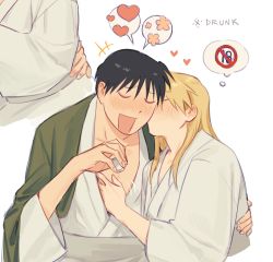 Rule 34 | 1boy, 1girl, black hair, blonde hair, blush, closed eyes, coat, coat on shoulders, commentary, couple, cup, drunk, english commentary, facing viewer, fullmetal alchemist, grabbing, groping, hand on another&#039;s back, hand on another&#039;s chest, hand under clothes, hand up, happy, heart, hetero, highres, holding, holding cup, japanese clothes, kimono, kiss, kissing cheek, long hair, long sleeves, open mouth, orange eyes, pectoral grab, raicchi (raicchi96), riza hawkeye, roy mustang, short hair, simple background, spoken heart, thought bubble, white background
