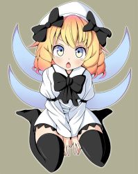 Rule 34 | 1girl, bad id, bad pixiv id, black thighhighs, blonde hair, blue eyes, blush, chestnut mouth, dress, drill hair, hat, looking at viewer, luna child, oimo (imoyoukan), open mouth, short hair, sitting, solo, thighhighs, touhou, v arms, wariza, wide hips, wings