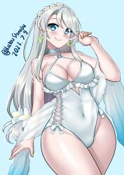 Rule 34 | 1girl, absurdres, asymmetrical bangs, blue eyes, breasts, casual one-piece swimsuit, choker, criss-cross halter, dated, flower, frilled one-piece swimsuit, frills, grey hair, hair flower, hair ornament, hairband, halterneck, highleg, highleg swimsuit, highres, kantai collection, katou shinobu, long hair, medium breasts, official alternate costume, one-hour drawing challenge, one-piece swimsuit, sagiri (kancolle), shawl, side-tie swimsuit, solo, swept bangs, swimsuit, twitter username, white choker, white one-piece swimsuit, white shawl, wide hips