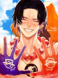 Rule 34 | 1boy, bamdsx, body writing, brothers, brown hair, closed eyes, hat, unworn headwear, jewelry, male focus, monkey d. luffy, necklace, one piece, portgas d. ace, sabo (one piece), siblings, smile, solo, stampede string