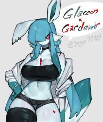 Rule 34 | animal ears, asymmetrical legwear, blue fur, blue hair, breasts, cleavage, creatures (company), crop top, ear piercing, furry, furry female, game freak, gardevoir, gen 3 pokemon, gen 4 pokemon, glaceon, heart, heart tattoo, highres, large breasts, long hair, looking at viewer, midriff, multicolored hair, navel, nintendo, off-shoulder jacket, off shoulder, piercing, pokemon, red eyes, short shorts, shorts, sidelocks, tail, tattoo, thick thighs, thighs, togetoge, two-tone hair, wide hips