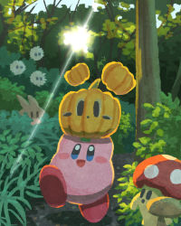 Rule 34 | day, food, forest, grass, highres, holding, holding food, holding pumpkin, holding vegetable, kirby, kirby (series), miclot, mushroom, nature, nintendo, no humans, outdoors, plant, pumpkin, running, sun, sunlight, tree, vegetable
