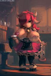 Rule 34 | 1girl, animal ears, breasts, breasts out, brown eyes, cow ears, cow girl, cow horns, cow tail, cutesexyrobutts, full body, heart pasties, highres, horns, huge breasts, indoors, looking at viewer, minotaur, monster girl, no bra, pasties, red hair, shortstack, smile, solo, standing, tail, tavern, thick thighs, thighs, waitress