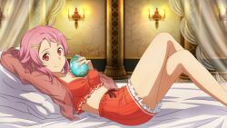 Rule 34 | 1girl, arm behind head, bare legs, bed sheet, bra, breasts, candelabra, candlestand, cleavage, closed mouth, crossed legs, curtains, freckles, frilled shorts, frills, game cg, hair ornament, hairclip, highres, holding, indoors, lisbeth (sao), looking at viewer, lying, medium breasts, medium hair, official art, on back, orange bra, orange shorts, pillow, pink hair, red eyes, sash, short shorts, shorts, sleepwear, smile, solo, sword art online, sword art online last recollection, underwear