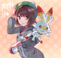 Rule 34 | 1girl, brown eyes, brown hair, creatures (company), fare, game freak, gen 8 pokemon, gloria (pokemon), green hat, hat, holding, holding poke ball, looking at viewer, nintendo, open mouth, personification, poke ball, poke ball (basic), pokemon, pokemon (creature), pokemon swsh, scorbunny, shirt, short hair, simple background, smile, tam o&#039; shanter