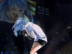 Rule 34 | 1girl, black ribbon, black shorts, blue eyes, blue hair, cowboy shot, faceless, floating hair, funi mu9, hair ribbon, hand on own chest, holding, holding microphone, hololive, hoshimachi suisei, leaning forward, long hair, messy hair, microphone, music, one eye closed, open mouth, ponytail, ribbon, screen zoom, shirt, short shorts, shorts, singing, solo, stage lights, standing, sweat, t-shirt, virtual youtuber, white shirt