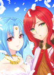Rule 34 | 1boy, 1girl, bare shoulders, blue hair, breasts, cleavage, closed mouth, collarbone, facial mark, father and daughter, feathers, filia (star ocean), forehead jewel, forehead mark, gabriel (star ocean), gloves, highres, jewelry, lips, looking at viewer, necklace, open mouth, pointy ears, red eyes, rikka 6 flower, short hair, smile, star ocean, star ocean the second story