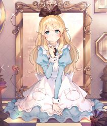 Rule 34 | 1girl, :o, alice (alice in wonderland), alice in wonderland, apron, black bow, blonde hair, blue dress, blue eyes, bow, buttoned cuffs, buttons, card, checkered floor, dress, e (eokiba), full body, hair bow, highres, holding, holding card, juliet sleeves, long hair, long sleeves, looking at viewer, mirror, puffy sleeves, white apron