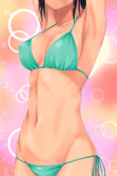Rule 34 | 1girl, ano hito, armpits, arms up, bikini, bishie sparkle, black hair, blurry, bokeh, breasts, cleavage, collarbone, commentary, cowboy shot, depth of field, gradient background, green bikini, groin, hair strand, halterneck, head out of frame, medium breasts, midriff, navel, original, paid reward available, pink background, red background, side-tie bikini bottom, solo, sparkle, sparkle background, standing, stomach, stretching, string bikini, swimsuit, tan, yellow background
