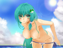 Rule 34 | 1girl, :o, adapted costume, ahoge, bad id, bad pixiv id, blue sky, breasts, cleavage, cloud, collarbone, cowboy shot, day, female focus, frog hair ornament, green eyes, green hair, hair ornament, hip focus, horizon, kochiya sanae, large breasts, lens flare, long hair, looking at viewer, matching hair/eyes, nail polish, nipples, ocean, outdoors, partially submerged, rinriki, sky, snake, solo, straight hair, swimsuit, topless, touhou, undressing, water, wet