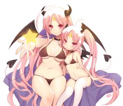 Rule 34 | 2girls, age difference, ahoge, artist name, bad id, bad pixiv id, bikini, black bikini, blush, breasts, byulzzi, cape, choker, cleavage, demon tail, facial mark, forehead mark, horns, large breasts, long hair, mole, mole under eye, multiple girls, navel, original, outstretched hand, pink eyes, pink hair, shiny skin, side-by-side, simple background, sitting, small breasts, smile, star (symbol), star facial mark, string bikini, swimsuit, tail, thighhighs, twintails, very long hair, white legwear, wings