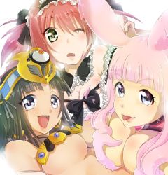 Rule 34 | 3girls, airi (queen&#039;s blade), animal ears, black hair, blue eyes, breasts, green eyes, looking at viewer, maid, melona (queen&#039;s blade), menace (queen&#039;s blade), multiple girls, pink hair, queen&#039;s blade, rabbit ears, red hair, tongue