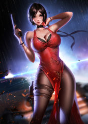 Rule 34 | 1girl, ada wong, black hair, black pantyhose, black ribbon, blurry, blurry background, breasts, capcom, car, choker, cleavage, dress, dutch angle, gun, handgun, highres, holding, holding gun, holding weapon, holster, large breasts, liang xing, looking at viewer, motor vehicle, night, pantyhose, parted bangs, parted lips, pelvic curtain, rain, red dress, resident evil, resident evil 2, resident evil 2 (remake), resident evil 4, ribbon, short hair, skin tight, solo, standing, thigh holster, weapon