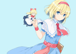 Rule 34 | 1girl, absurdres, alice margatroid, apron, black dress, blue background, blue dress, blue eyes, blue hair, book, bow, capelet, derivative work, dress, hair between eyes, hair bow, hairband, highres, holding, holding book, holding hands, long dress, maid, necktie, red bow, red hairband, red necktie, shanghai doll, short hair, short sleeves, simple background, skirt hold, smile, solo, standing, touhou, white apron