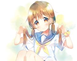 Rule 34 | 1girl, blush, brown eyes, brown hair, closed mouth, hands up, holding, holding hands, holding own hair, legs together, light smile, long hair, looking at viewer, low twintails, meito (maze), neckerchief, original, school uniform, scrunchie, serafuku, short sleeves, sitting, smile, solo, tareme, twintails, upper body, wrist scrunchie, yellow neckerchief