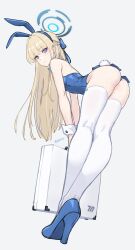 Rule 34 | 1girl, animal ears, ass, backless leotard, bare shoulders, bent over, blonde hair, blue archive, blue bow, blue bowtie, blue eyes, blue hair, blue leotard, bow, bowtie, braid, briefcase, crossed legs, dan (kumadan), detached collar, expressionless, from behind, full body, hair bow, halo, high heels, highres, holding, holding briefcase, legs, leotard, long hair, looking at viewer, looking back, multicolored hair, rabbit ears, rabbit tail, solo, streaked hair, tail, thighhighs, thighs, toki (blue archive), toki (bunny) (blue archive), two-tone hair, very long hair, white wrist cuffs, wrist cuffs