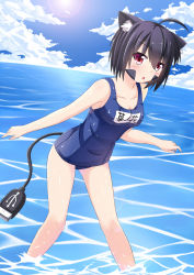 Rule 34 | 1girl, absurdres, animal ears, black hair, cat ears, facial mark, highres, nugi (armenci), ocean, one-piece swimsuit, original, personification, red eyes, school swimsuit, short hair, solo, swimsuit, tail, usb