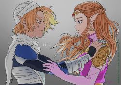 Rule 34 | 2girls, absurdres, armor, artist request, blonde hair, blue eyes, circlet, dark skin, dual persona, earrings, finger wrap, gloves, grey background, hands on another&#039;s shoulders, highres, jewelry, long hair, multiple girls, nintendo, pauldrons, pointy ears, princess zelda, red eyes, sheik, short hair, shoulder armor, solo, the legend of zelda, the legend of zelda: ocarina of time, time paradox, upper body