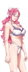 Rule 34 | 1girl, bra, breasts, game cg, glasses, hair ribbon, kusukawa suzune, large breasts, legs, long hair, looking at viewer, navel, p/a: potential ability, panties, pink eyes, pink hair, ribbon, sei shoujo, simple background, smile, solo, standing, thighs, underwear, white background