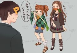 Rule 34 | 1boy, 2girls, arched bangs, black bow, black bowtie, black footwear, black jacket, blue shorts, blush, bow, bowtie, breasts, brown footwear, brown hair, brown shawl, capelet, carrot, center frills, checkered capelet, collarbone, commentary request, cosplay, dress, fighting stance, floral print, food, frills, full body, green capelet, green eyes, grey background, grey dress, hair intakes, hair ribbon, hanafuda earrings, hands up, holding, holding food, holding spring onion, holding stuffed toy, holding vegetable, idolmaster, idolmaster million live!, idolmaster million live! theater days, jacket, kamado tanjirou, kamado tanjirou (cosplay), kimetsu no yaiba, knees, leg warmers, leg wrap, long hair, looking at another, minase iori, mouth hold, multiple girls, neck blush, open mouth, orange hair, orange ribbon, orange shirt, p-head producer, parody, patchwork clothes, pink ribbon, polka dot, producer (idolmaster), raccoon hair ornament, red eyes, ribbon, ringlets, sandals, shawl, shirt, short hair, short sleeves, shorts, sidelocks, small breasts, speech bubble, spring onion, stuffed animal, stuffed rabbit, stuffed toy, sweatdrop, takatsuki yayoi, tanupon, toes, translation request, twintails, unconventional weapon, usa-chan (idolmaster), v-shaped eyebrows, vegetable, wavy hair