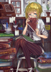 Rule 34 | 1girl, blonde hair, book, covering face, cup, glasses, green eyes, high heels, original, pantyhose, pantyhose under shorts, scissors, shoes, shorts, sitting, socks, solo, stationery, steam, striped clothes, striped pantyhose, striped socks, suzuno (bookshelf), vertical-striped clothes, vertical-striped pantyhose
