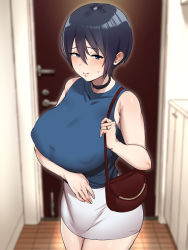 Rule 34 | 1girl, bag, bare arms, bare shoulders, blue eyes, blue hair, blurry, blurry background, blush, breast hold, breasts, c-kyuu, carrying, choker, closed mouth, cowboy shot, door, female focus, floor, hair between eyes, hand up, handbag, highres, huge breasts, indoors, jewelry, legs, looking at viewer, netoraseta tsuma ga ochiru made, original, over shoulder, puffy areolae, ring, short hair, skirt, sleeveless, smile, solo, standing, thighs, wedding band, white skirt