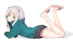 Rule 34 | 1girl, absurdres, almic, aqua jacket, bare legs, blush, bow, commentary request, eromanga sensei, feet, feet up, full body, hair bow, hand on own cheek, hand on own face, high collar, highres, izumi sagiri, jacket, long hair, long sleeves, looking at viewer, no pants, parted lips, pink bow, sidelocks, signature, silver hair, simple background, slippers, solo, stylus, tareme, white background, white footwear