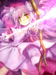 Rule 34 | 10s, 1girl, aiming, arrow (projectile), bow, bow (weapon), cleavage cutout, clothing cutout, dress, edobox, gloves, hair bow, kaname madoka, long hair, magical girl, mahou shoujo madoka magica, mahou shoujo madoka magica (anime), pink hair, solo, spoilers, two side up, ultimate madoka, weapon, white dress, white gloves, yellow eyes