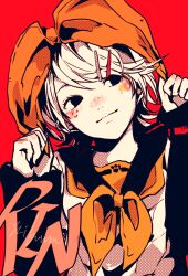 Rule 34 | 1girl, 3kuma, bow, character name, closed mouth, commentary, detached sleeves, hair bow, hair ornament, hairclip, highres, kagamine rin, light smile, looking to the side, orange theme, sailor collar, screentones, short hair, signature, simple background, solo, swept bangs, vocaloid