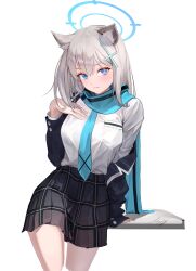 Rule 34 | 1girl, absurdres, animal ear fluff, animal ears, blue archive, blue eyes, blue halo, blue scarf, blush, cross, grey hair, halo, hand on own chest, highres, inverted cross, jacket, leaning on table, lizchief, long hair, long sleeves, looking at viewer, mismatched pupils, off shoulder, open clothes, open jacket, plaid, plaid skirt, scarf, shiroko (blue archive), shirt, shirt tucked in, simple background, skirt, slit pupils, solo, sweat, sweatdrop, white background, white shirt, wolf ears