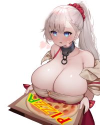 Rule 34 | 1girl, absurdres, azur lane, bare shoulders, bbolalus, belfast (azur lane), belfast (piping-hot perfection) (azur lane), blue eyes, braid, breast rest, breasts, breath, bursting breasts, carried breast rest, carrying, cleavage, highres, huge breasts, inconvenient breasts, official alternate costume, pizza box, ponytail, side braid, white background, white hair