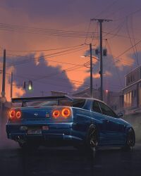 Rule 34 | andrew mytro, car, cloud, from behind, glowing, highres, license plate, light trail, motor vehicle, nissan, nissan skyline, nissan skyline gt-r, nissan skyline r34, original, power lines, spoiler (automobile), sunset, traffic light, utility pole, vehicle focus