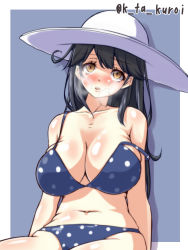 Rule 34 | 10s, 1girl, alternate costume, bare legs, bare shoulders, bikini, black hair, blush, breasts, brown eyes, cleavage, female focus, hat, heavy breathing, highres, huge breasts, kantai collection, kuroi k-ta, long hair, looking at viewer, navel, open mouth, polka dot, polka dot swimsuit, sitting, solo, sweat, swimsuit, ushio (kancolle)